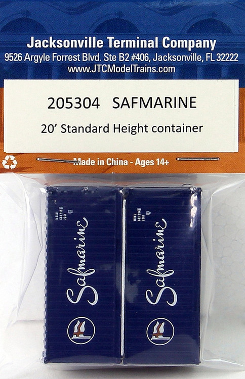 Jacksonville Terminal Company N 205304 20' Standard Height Containers, Safmarine (2) ModelTrainStuff