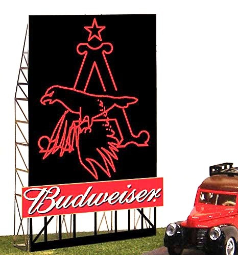 Miller Engineering N/HO 44-2302 Small Roadside Budweiser Eagle Billboard, Animated Neon Style Sign Kit ModelTrainStuff