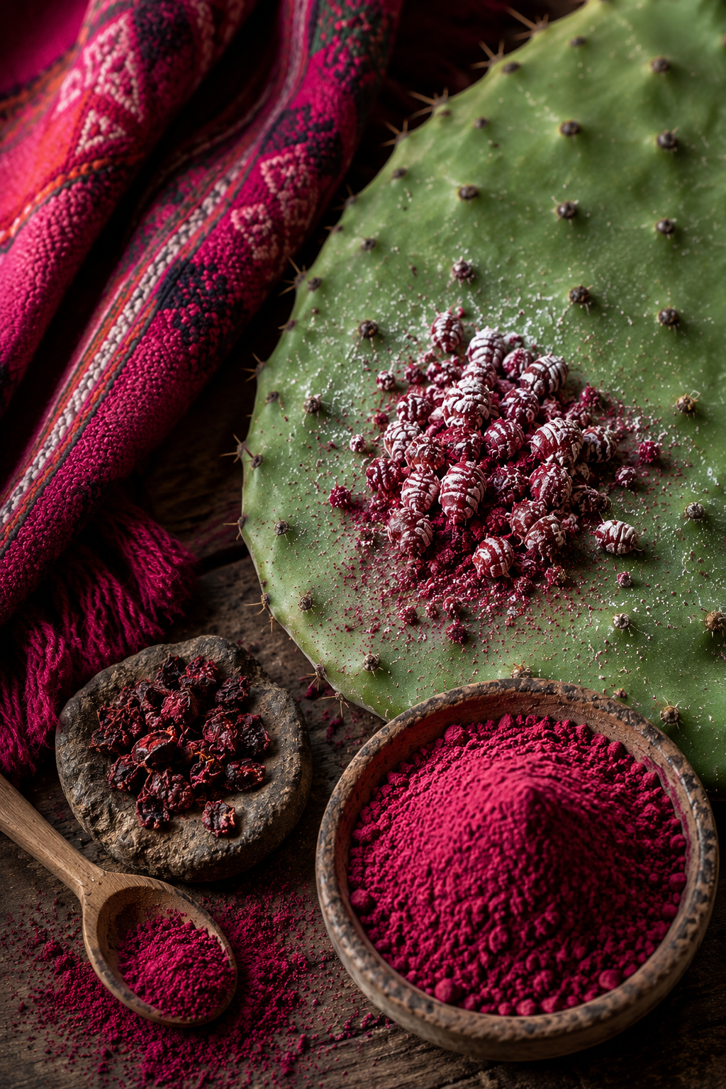 Grana cochinilla sobre nopal, origen natural de tonos carmín y rosa mexicano
