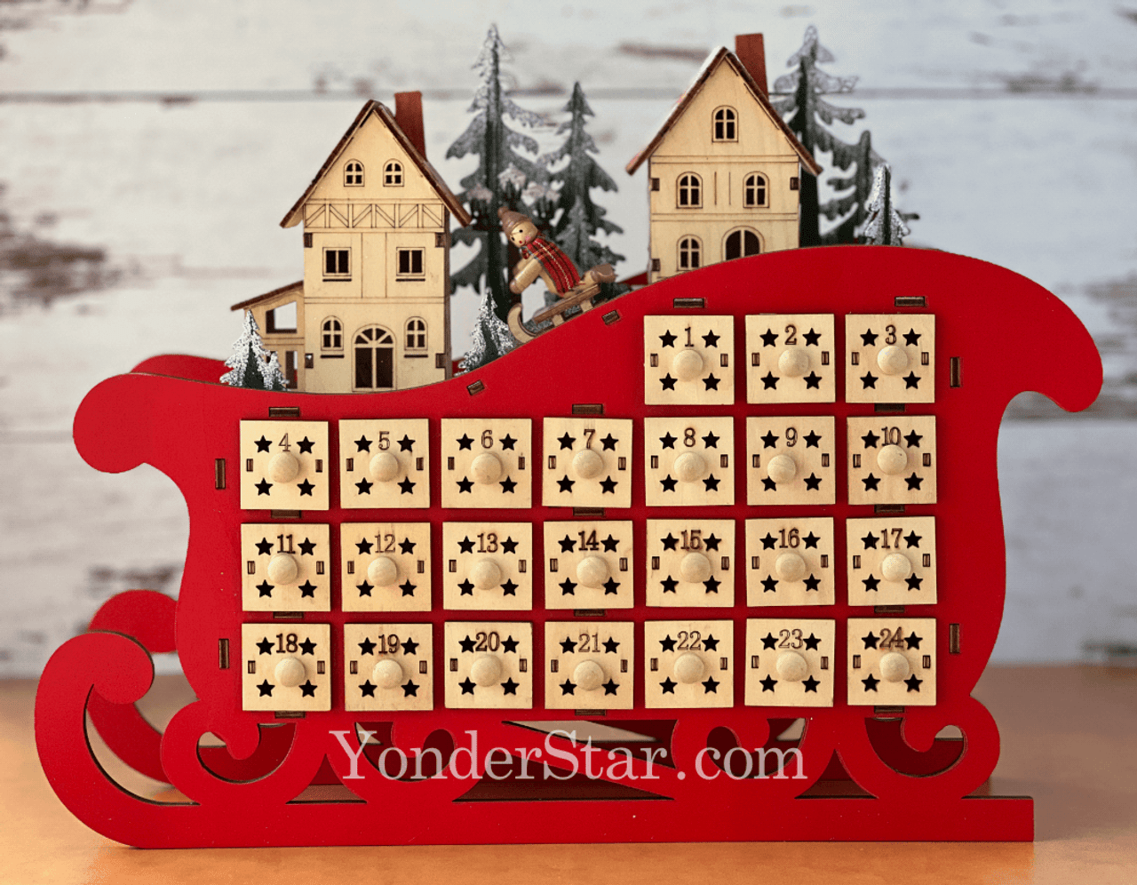 Wooden Sleigh Advent Calendar Lighted with Drawers Yonder Star