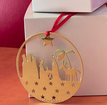 Gold metal Holy Family nativity ornament designed in Sweden by Hans Hallberg