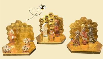 Three-piece honeybee nativity set with Holy Family, shepherds, and Wise Men