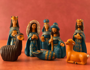 Blue Peruvian ceramic nativity set handcrafted in Peru
