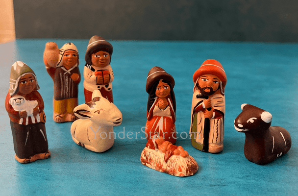 Hand-painted Peruvian nativity scene featuring Mary, Joseph, and Baby Jesus in traditional Andean dress with colorful ponchos and chullo hats. Hand-painted Peruvian nativity scene featuring Mary, Joseph, and Baby Jesus in traditional Andean dress with colorful ponchos and chullo hats.