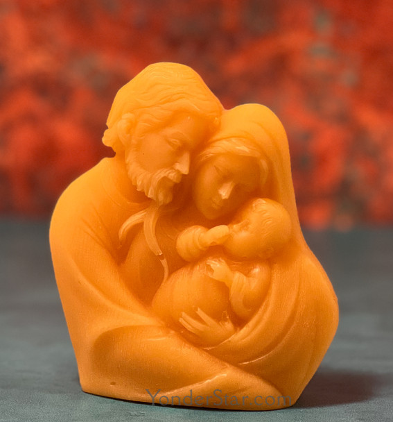 Handcrafted beeswax nativity scene showing the Holy Family made in Idaho, USA.
