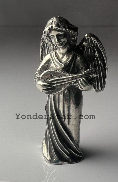 Danforth pewter nativity angel playing a lute, handcrafted in Vermont
