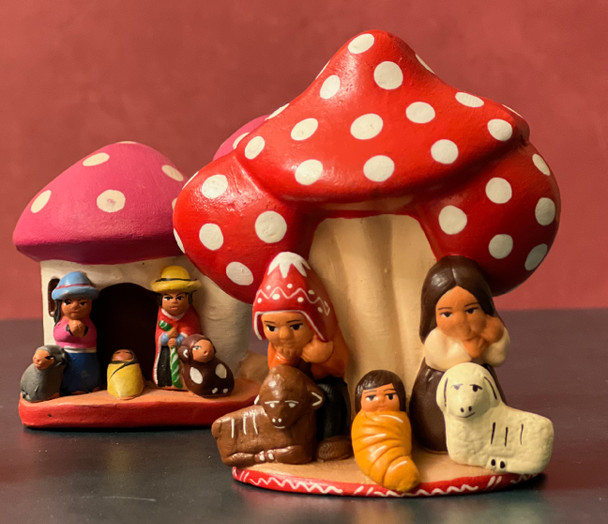 mushroom nativity scene fair trade ceramic from Peru 