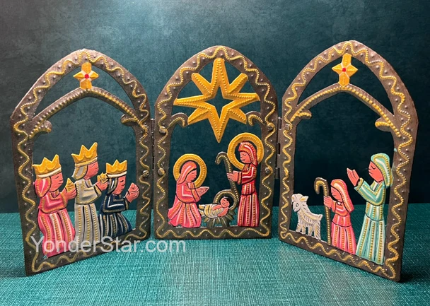 Hand-painted Haitian metal nativity triptych with Holy Family, Three Kings, shepherds and Star of Bethlehem