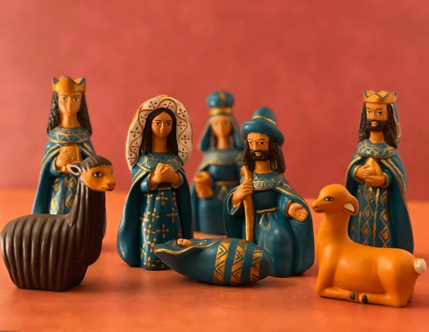 Blue Peruvian ceramic nativity set handcrafted in Peru
