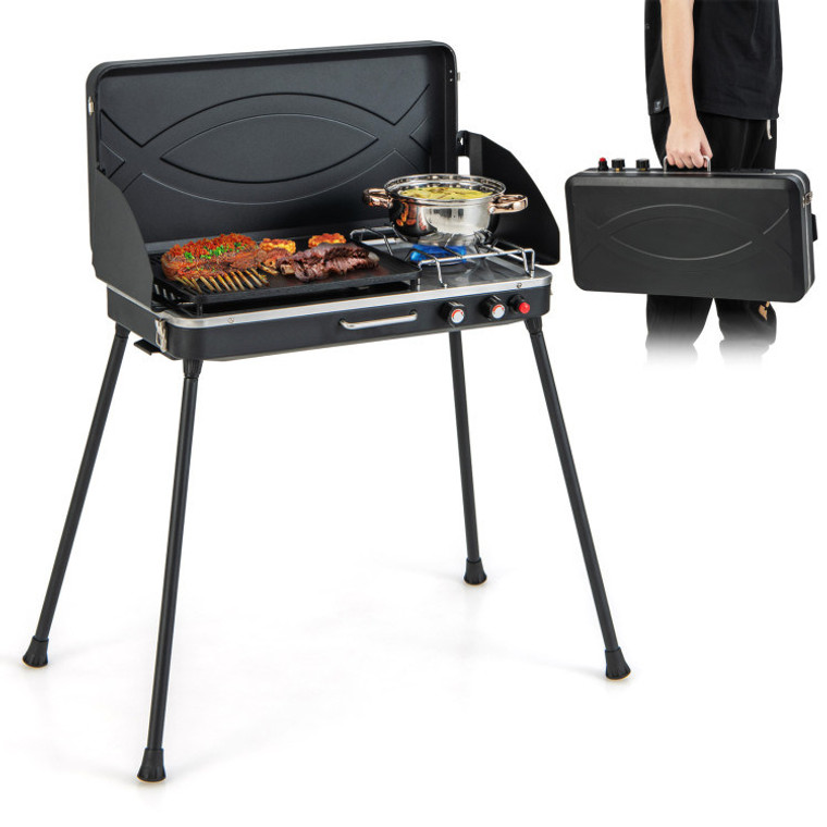 2-in-1 Gas Camping Grill with High Heating Efficiency and Portable Design