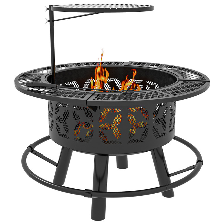 Outsunny 2-in-1 Fire Pit & BBQ Grill - Portable Wood Burning Firepit with Adjustable Grate & Poker