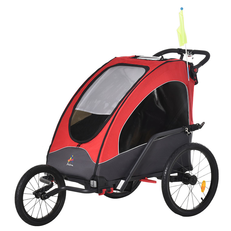 Aosom 3-In-1 Kids Bike Trailer & Stroller-Shock Absorber System, Premium Rubber Tires, Adjustable Handlebar - Red/Grey