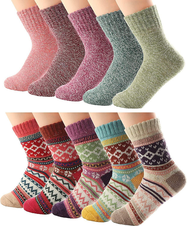 10-Pair Women's Winter Wool Knit Socks - Cozy, Warm, Vintage Crew Socks Set