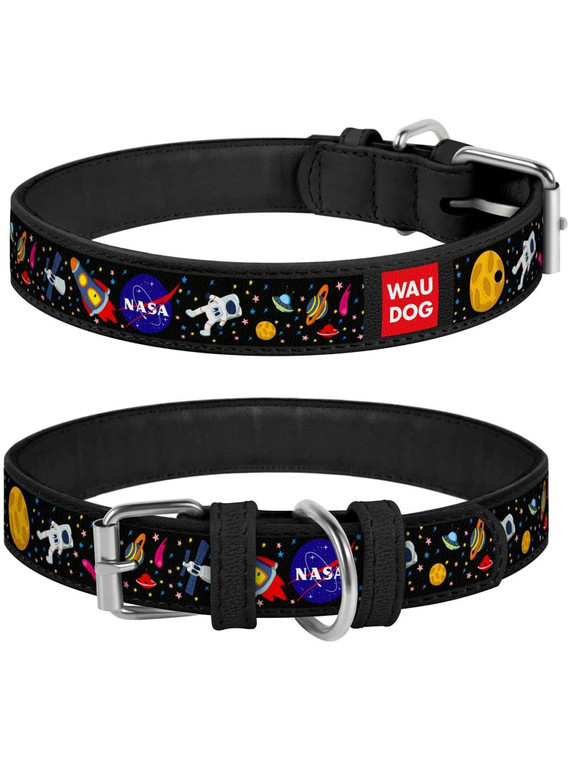Leather Dog Collar with NASA Design for Small to Medium Dogs - Heavy Duty, Rust-Resistant, and Durable