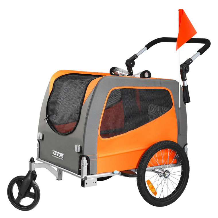 VEVOR Dog Bike Trailer, Supports up to 66 lbs, 2-in-1 Pet Stroller Cart Bicycle Carrier, Easy Folding Cart Frame with Quick Release Wheels, Universal Bicycle Coupler, Reflectors, Flag, Orange/Gray(D0102HQA0WU.)