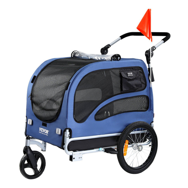 VEVOR Dog Bike Trailer, Supports up to 100 lbs, 2-in-1 Pet Stroller Cart Bicycle Carrier, Easy Folding Cart Frame with Quick Release Wheels, Universal Bicycle Coupler, Reflectors, Flag, Blue/Black(D0102HQA0FU.)