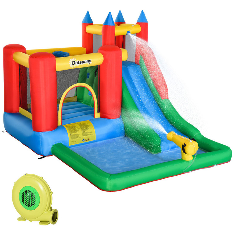 Outsunny Kids Inflatable Water Slide 6 in 1 Water Park Bounce House with Climbing Wall Pool Basket Air Blower for Summer(D0102755X92.)