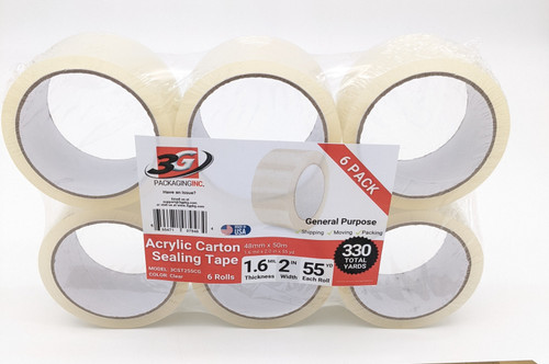 2" Acrylic Carton Sealing Tape 1.6ml 55yd for general purpose, office, moving, storing, packaging, 6 rolls