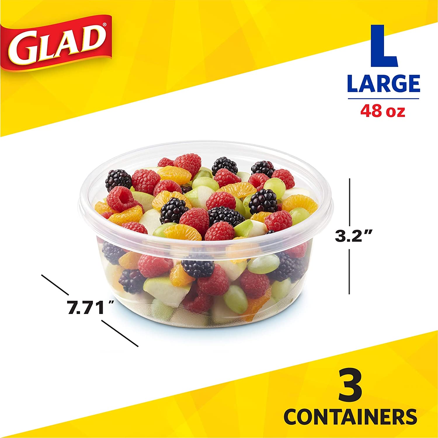 Glad Big Bowl Containers, with Lids, Round Size, 6 Cups