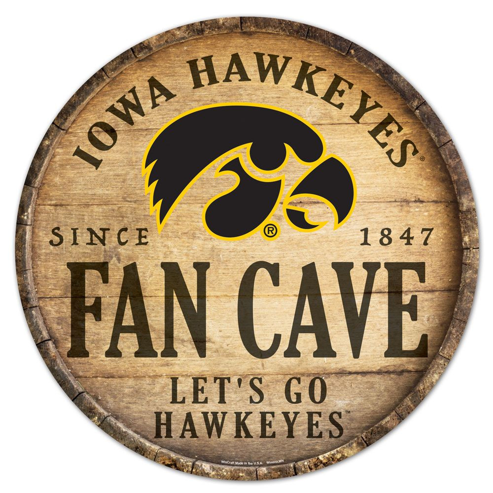 Iowa Hawkeyes Sign Wood 14 Inch Round Barrel Top Design - Thumbnail 2