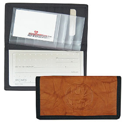 Keep track of your checking account in style with this attractive checkbook cover!  Your favorite team's logo is embroidered on the front of the cover.  This genuine leather checkbook cover has slots inside for your drivers license and 5 credit cards.  It also comes with a removable plastic 6 sleeve picture/ID holder.  Intended to be used with top tear checks.  Made by Rico.