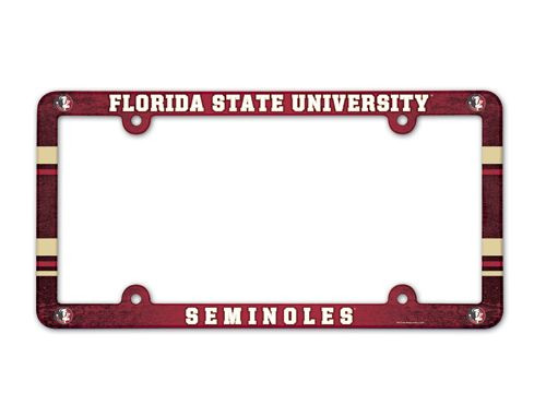 Full Color License Plate Frame that are usable as a fan decoration on the outside of a standard car license plate, front or back. The frame is molded in durable plastic and top surface printed with a durable ink on the entire top surface. The design maximizes space for tab sticker clearance, but you should still check the legalities of frames in your state. Made in USA. Made By Wincraft, Inc.