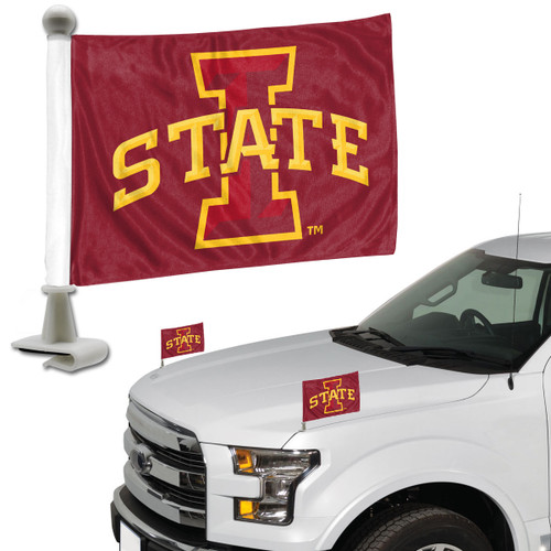 4x6 double sided auto flags securely attach to the hood or trunk of most any vehicle.  Two flags per package. Made by Team Promark.