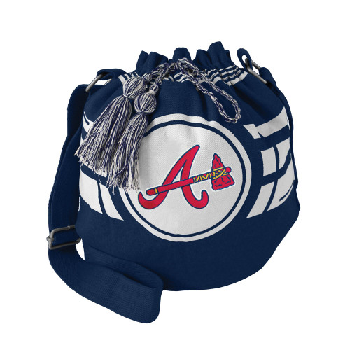 Features an elastic closure with tassel accent. Fully lined with interior slash pocket. Adjustable shoulder strap has a max length of 52. Bright fashion colors with team logo. Dimensions are approximately 12x14x8.5 inches. Made by Little Earth.