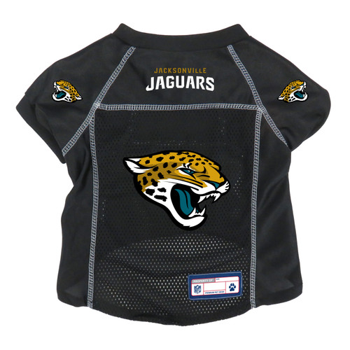 The Pet Jersey features full color team graphics on the back and sleeves and an NFL shield on the front. Comes in 8 fashion colors. The Pet Jersey comes on a hanger ready to dispay. Woven NFL Shield. Dazzle V-Neck Collar. Full color team logo and sleeve decoration. Woven Jock Tag and locker tag. Made by Little Earth.