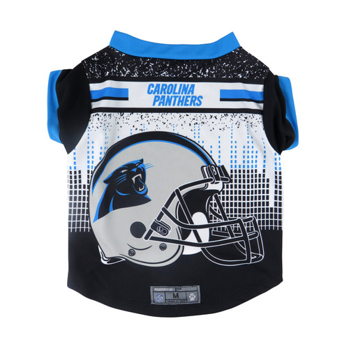 Your pet will go all-pro with the Performance Tee. This moisture-wicking polyester Tee-shirt sports a colorful back with team helmet graphics. The front and sleeves are team color. The stretch fabric makes it easy to pull on or off your pet. Stretch polyester knit. Full color print back, team wordmark on front. Contrast collar and sleeves. Woven jock tag. Made by Little Earth.