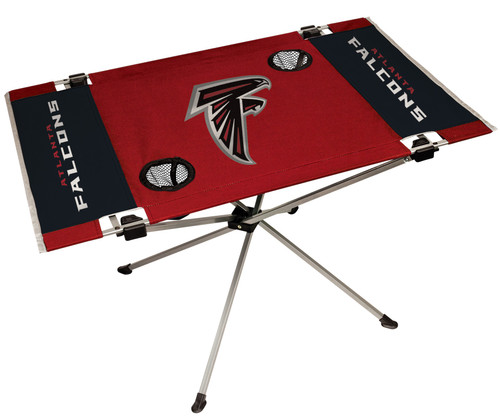 Features team colors and three team logos with two cup holders. Great for tailgating, concerts and picnics. Includes team logo carry case. 600D polyester top and durable steel frame. Holds up to 75 lbs. Unfolded table measures 31" x 20.5" and 19" tall. Made by Jarden.