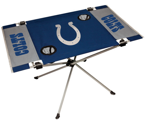 Features team colors and three team logos with two cup holders. Great for tailgating, concerts and picnics. Includes team logo carry case. 600D polyester top and durable steel frame. Holds up to 75 lbs. Unfolded table measures 31" x 20.5" and 19" tall. Made by Jarden.