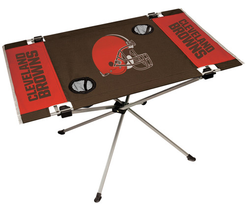 Features team colors and three team logos with two cup holders. Great for tailgating, concerts and picnics. Includes team logo carry case. 600D polyester top and durable steel frame. Holds up to 75 lbs. Unfolded table measures 31" x 20.5" and 19" tall. Made by Jarden.