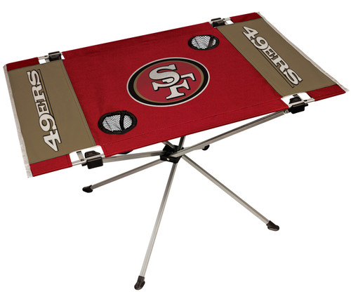 Features team colors and three team logos with two cup holders. Great for tailgating, concerts and picnics. Includes team logo carry case. 600D polyester top and durable steel frame. Holds up to 75 lbs. Unfolded table measures 31" x 20.5" and 19" tall. Made by Jarden.