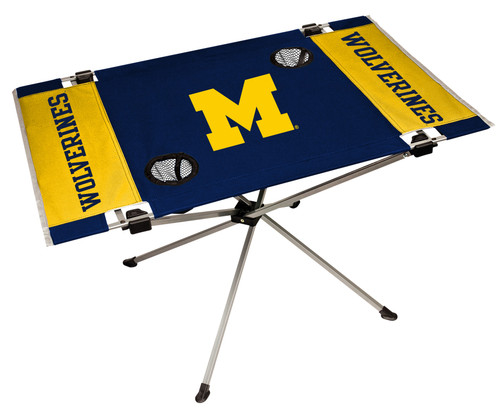 Features team colors and three team logos with two cup holders. Great for tailgating, concerts and picnics. Includes team logo carry case. 600D polyester top and durable steel frame. Holds up to 75 lbs. Unfolded table measures 31" x 20.5" and 19" tall. Made by Jarden.