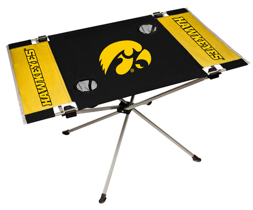 Features team colors and three team logos with two cup holders. Great for tailgating, concerts and picnics. Includes team logo carry case. 600D polyester top and durable steel frame. Holds up to 75 lbs. Unfolded table measures 31" x 20.5" and 19" tall. Made by Jarden.
