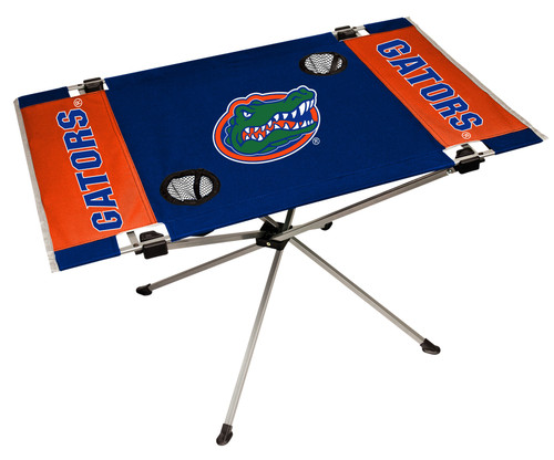 Features team colors and three team logos with two cup holders. Great for tailgating, concerts and picnics. Includes team logo carry case. 600D polyester top and durable steel frame. Holds up to 75 lbs. Unfolded table measures 31" x 20.5" and 19" tall. Made by Jarden.