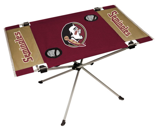 Features team colors and three team logos with two cup holders. Great for tailgating, concerts and picnics. Includes team logo carry case. 600D polyester top and durable steel frame. Holds up to 75 lbs. Unfolded table measures 31" x 20.5" and 19" tall. Made by Jarden.