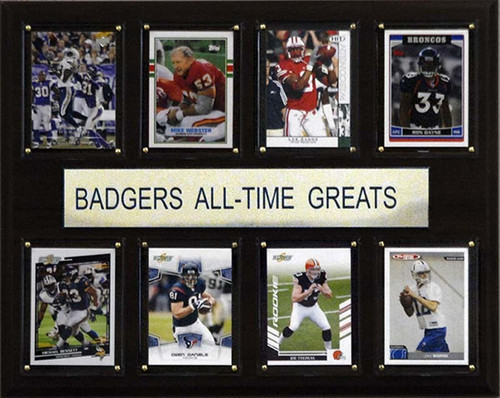 <span>Eight of the greatest Wisconsin Badgers stars are featured on this 12"x15" cherry wood plaque. The players are presented on genuine licensed trading cards from different manufacturers making this a perfect piece to display in an office, recreation room, or any spot for a fan to enjoy. The cards are protected by superior high-clarity acrylic lens covers and firmly affixed to the plaque with brass-type screws for a polished look. All cards are easily replaceable with ones from your own collection. This long-lasting piece is proudly produced in the USA.&nbsp;</span>Made by C&amp;I Collectables.