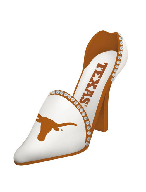 So feminine and so chic, our shoe bottle holder is handpainted polystone in your team's colors. Embossed and handpainted logos with rhinestone accents, this shoe will be the talk of any next gameday party. 4" x 11" x 8" in size. Made By Evergreen Enterprises
