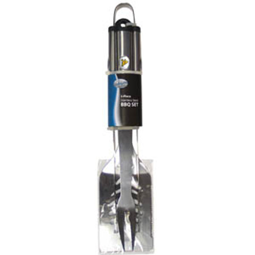 This stainless steel BBQ tool set is a must have for any grilling sports maniac! The set includes a large spatula with built in bottle opener, heavy duty tongs, and a large fork. Each tool features the team's logo on the handle. Made By Siskiyou This stainless steel BBQ tool set is a must have for any grilling sports maniac! The set includes a large spatula with built in bottle opener, heavy duty tongs, and a large fork. Each tool features the team's logo on the handle. Made By Siskiyou