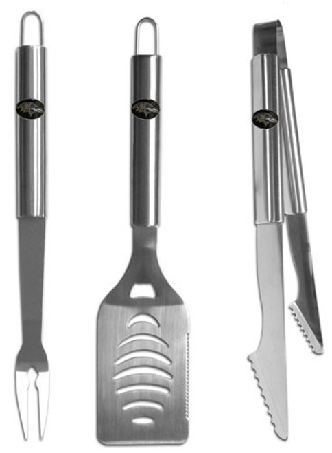 This stainless steel BBQ tool set is a must have for any grilling sports maniac! The set includes a large spatula with built in bottle opener, heavy duty tongs, and a large fork. Each tool features the NFL team's logo on the handle. Made By Siskiyou.