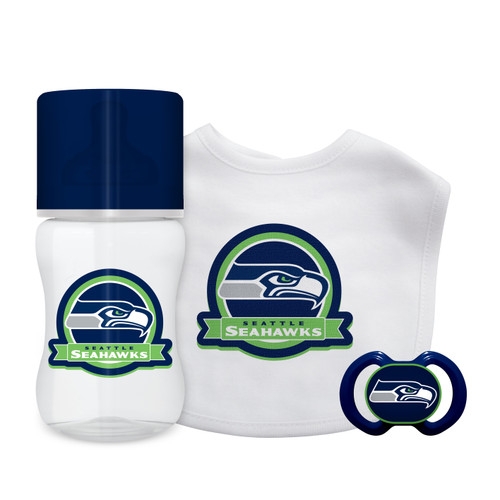 Our boxed gift set is a perfect welcome-to-the-world for little fans everywhere. It includes our 100 percent cotton-front bib with embroidered team logo, nine-ounce bottle and pacifier. Made By Baby Fanatic.