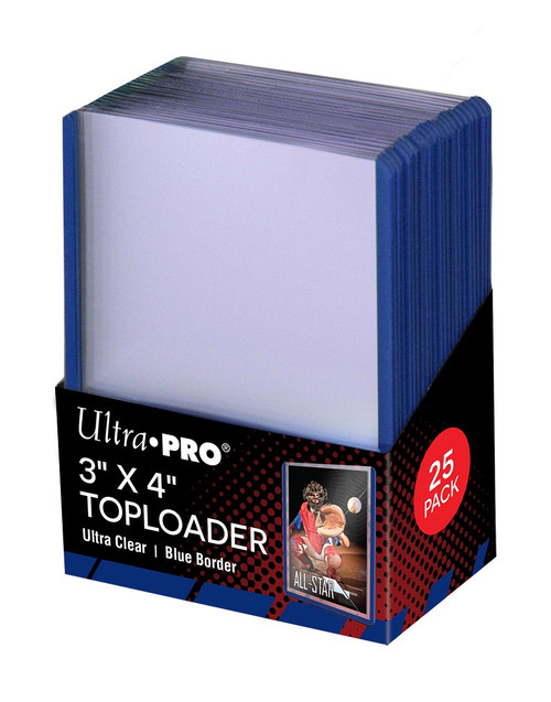 Super clear, premium 3" x 4" Toploader with blue border for standard size cards (2-1/2" x 3-1/2"). Rigid plastic encloses card and keeps it clean while preventing damage. Organize your collection with the five colors available. 25 Toploaders per pack. Made by Ultra Pro. Super clear, premium 3" x 4" Toploader with blue border for standard size cards (2-1/2" x 3-1/2"). Rigid plastic encloses card and keeps it clean while preventing damage. Organize your collection with the five colors available. 25 Toploaders per pack. Made by Ultra Pro.
