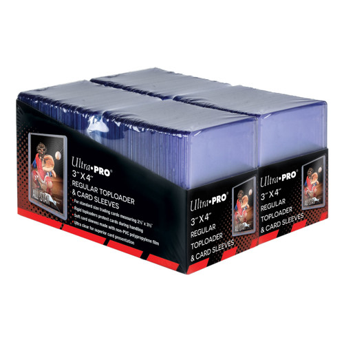 Protect your valuable trading cards with authentic Ultra PRO toploaders and clear sleeves, made for standard size 2.5" x 3.5" trading cards up to 35 points in thickness. The toploaders' interior can hold cards up to 2-1/2" x 3-1/2" (63.5mm x 88.9mm) in size, while the sleeves are made for a loose fit around standard 2.5" x 3.5" cards. Insert your card into the clear, archival-safe polypropylene sleeve, then insert the combination into a toploader for rigid protection to minimize dents and physical damage to the card. The set comes with 200 toploaders and 200 clear sleeves. Made by Ultra Pro.