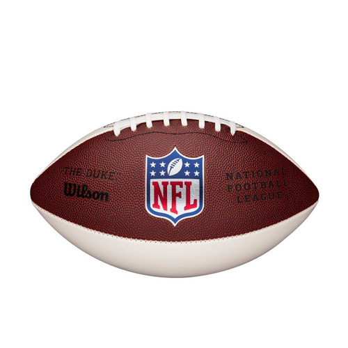 Similar in size to on-field NFL footballs, this size is ideal for ages 14 and up. Three signature-ready white panels, built to document your favorite autographs. Brand panel is covered in the classic leather look. Marked with Wilson script logo and red, silver and blue NFL shield signifying an approval at a high standard and high quality. Made by Wilson.