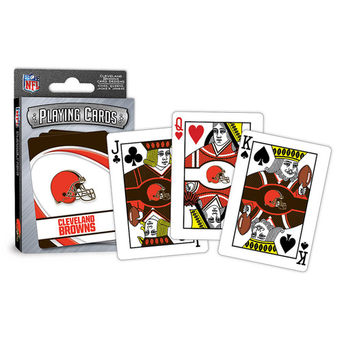Set includes 52 playing cards and 2 jokers. Card size is 3.5 x 2.5 inch. All face cards and jokers have individuallized team designs. Ace of Spades has special wood cut football design. Made by MasterPieces Puzzles.