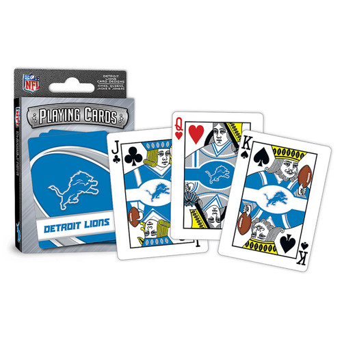 Set includes 52 playing cards and 2 jokers. Card size is 3.5 x 2.5 inch. All face cards and jokers have individuallized team designs. Ace of Spades has special wood cut football design. Made by MasterPieces Puzzles.