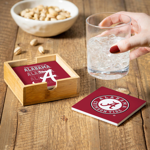 Alabama Crimson Tide Coaster Set 4 Piece with Wood Caddy