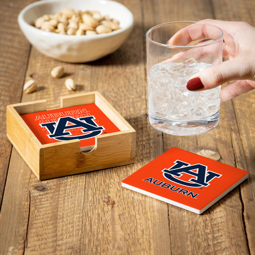 Auburn Tigers Coaster Set 4 Piece with Wood Caddy